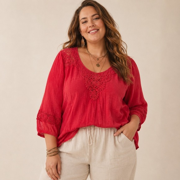 Zac & Rachel Tops - Red Lace Crochet Boho Blouse Top Shirt Plus 2XL Zac & Rachel 3/4 Balloon Sleeve